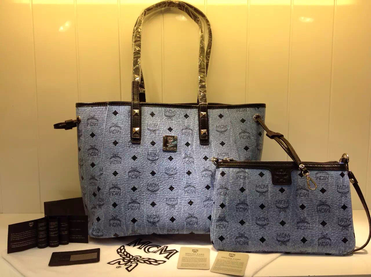 广州MCM 专柜款式推荐 子母购物袋 水洗蓝时尚包包 一件代发