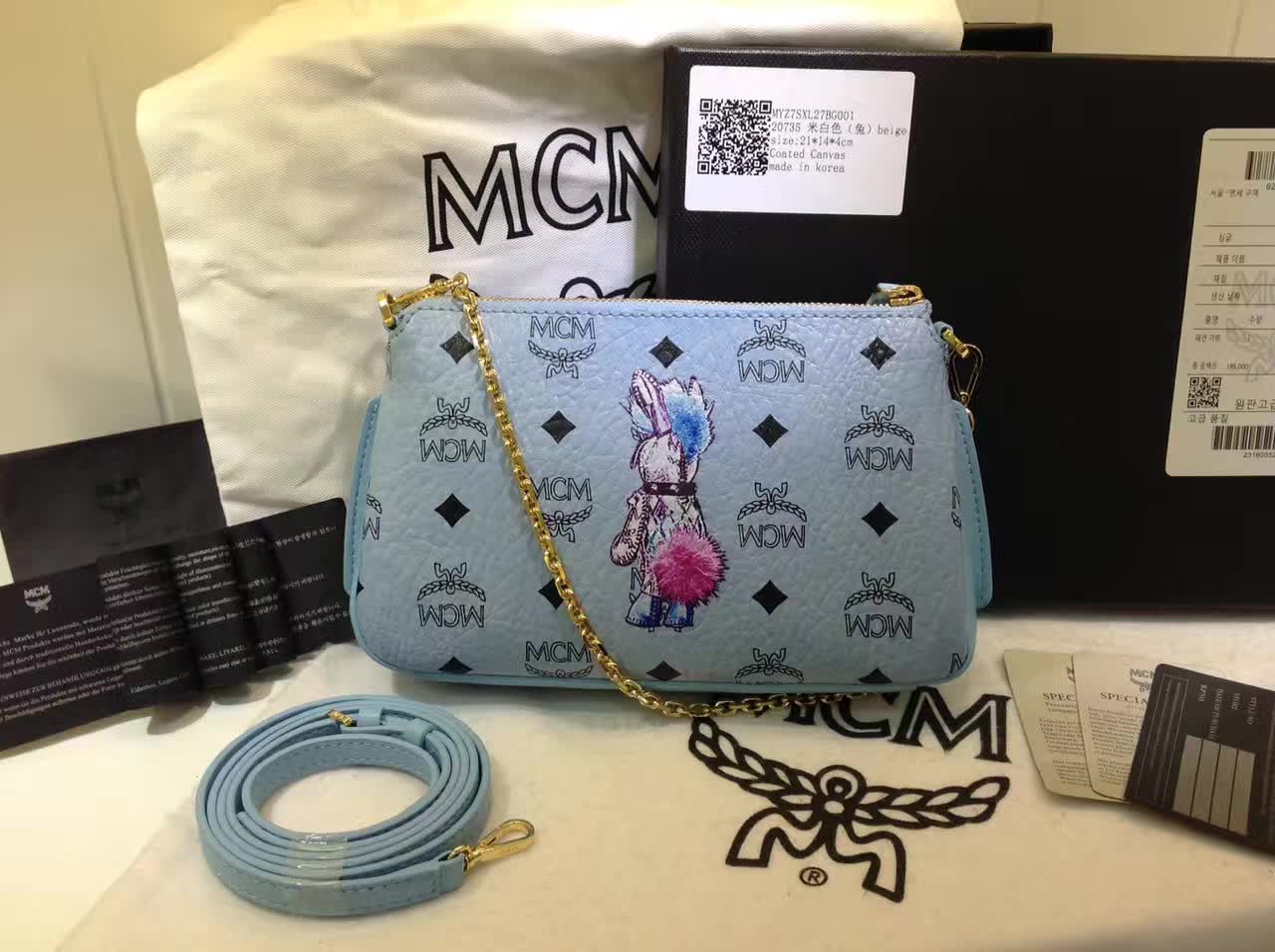 MCM专柜新款 链条斜挎两用包 新纹路PVC配高品质牛皮 绒布内里 水洗蓝