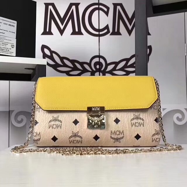 MCM新款 Visetos Patricia手袋斜跨链条包 粗纹进口PVC配原版牛皮 米白拼柠檬黄