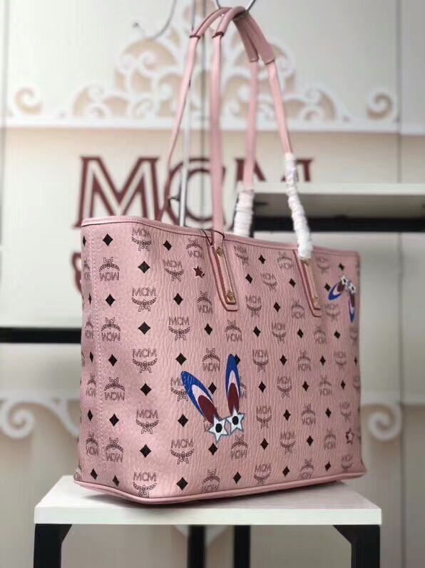 MCM2018新款 Mille幻想兔子母购物袋 颜色多彩的幻想兔图案 ykk拉链 铜牌独立编码 冰激凌粉