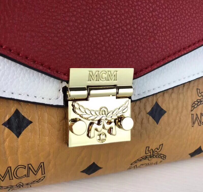 MCM Mille系列双皮盖链条包 翻盖设计 经典Visetos图案材质组合及色块皮革 土黄拼大红