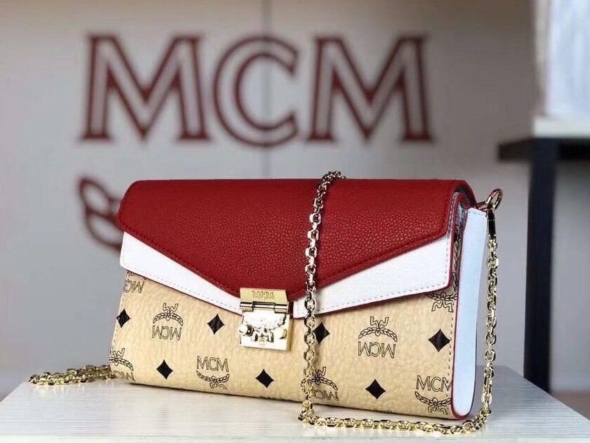 MCM Mille系列双皮盖链条包 翻盖设计 经典Visetos图案材质组合及色块皮革 米白拼大红