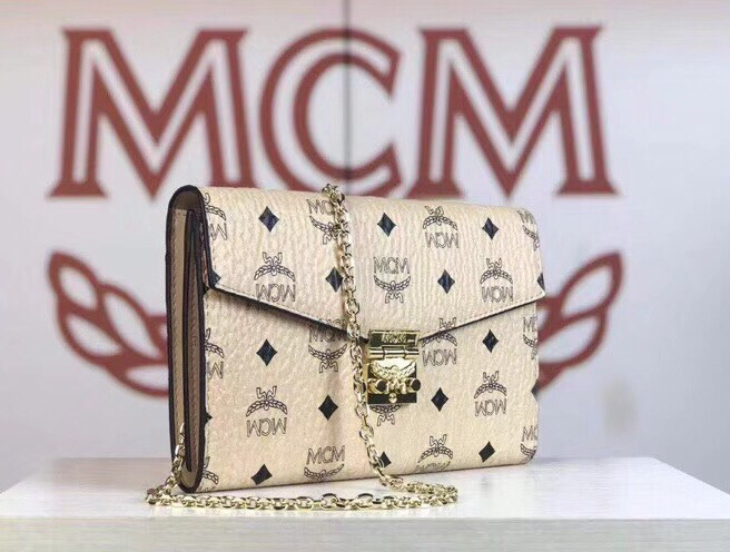 MCM Patricia系列 斜挎包单肩包折叠翻盖钱包 采用涂层帆布制成 风琴式隔层 米白