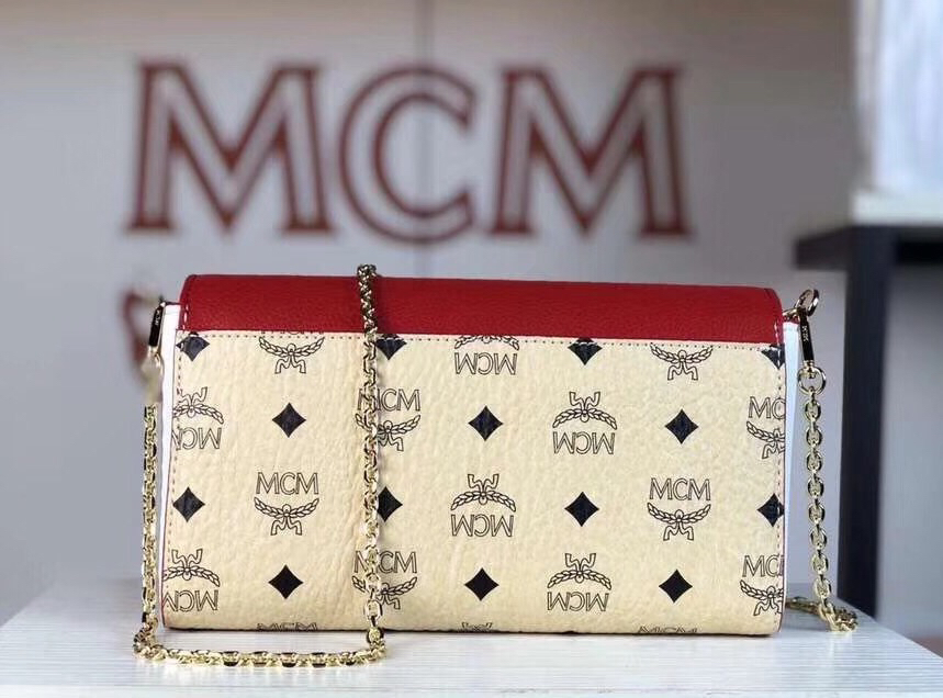 MCM Mille系列双皮盖链条包 翻盖设计 经典Visetos图案材质组合及色块皮革 米白拼大红
